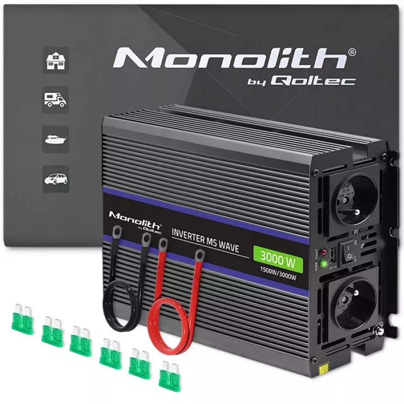 Pingemuundur QOLTEC Monolith 3000 MS Wave, 12 V → 230 V, 1500/3000 W, USB-ga