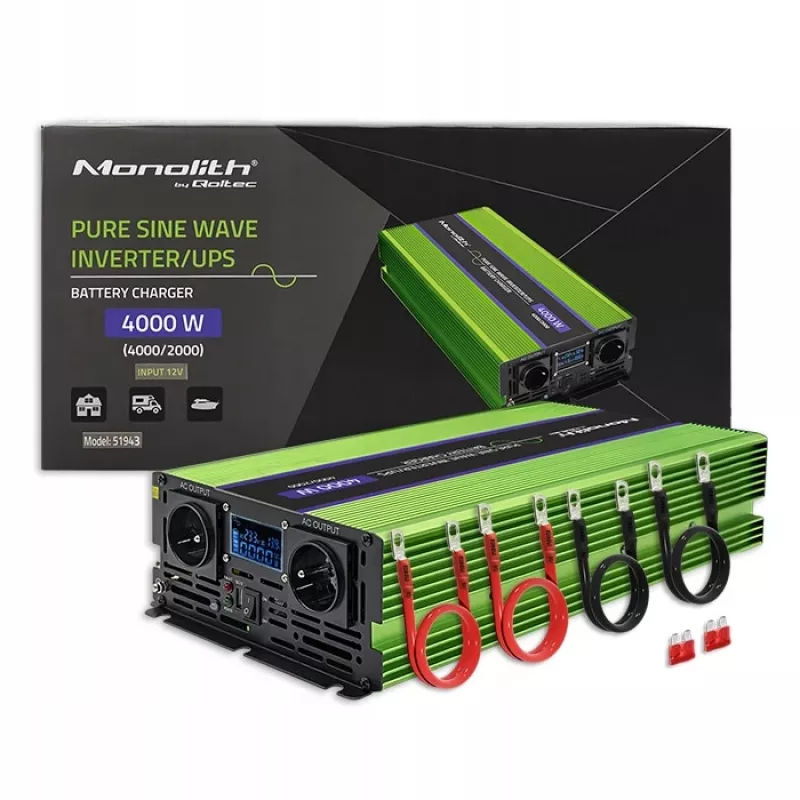 Qoltec Monolith Pingemuundur | Aku laadimine | UPS | 2000W | 4000W | 12V kuni 230V | Puhas siinus | LCD must-roheline