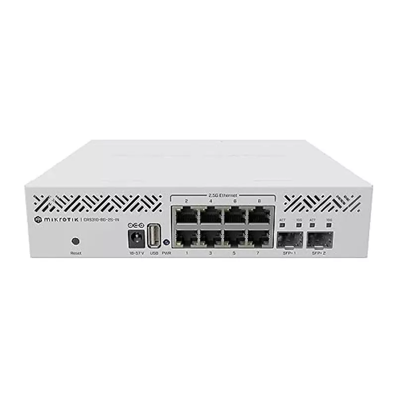 Hallatav L3 lüliti MikroTik CRS310-8G+2S+IN — 8× 2.5G RJ-45, 2× SFP+, PoE, 1U rack-paigaldus, Valge