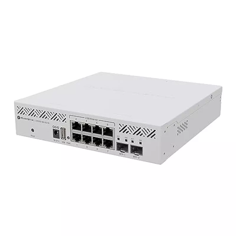 Hallatav L3 lüliti MikroTik CRS310-8G+2S+IN — 8× 2.5G RJ-45, 2× SFP+, PoE, 1U rack-paigaldus, Valge