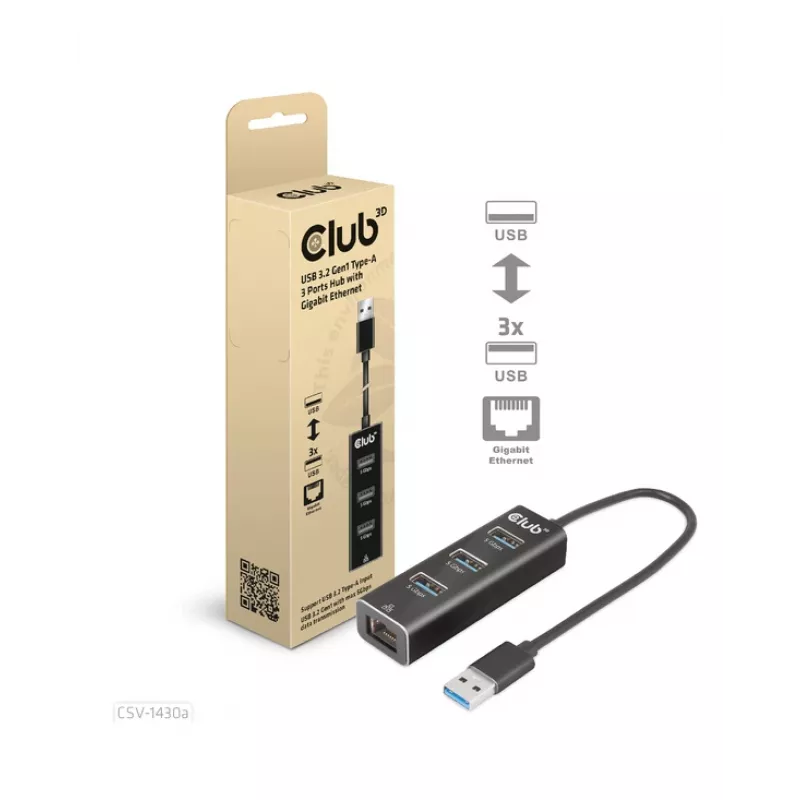 USB jaotur CLUB3D USB 3.2 Gen1 Type-A 3 pordiga ja Gigabit Ethernetiga
