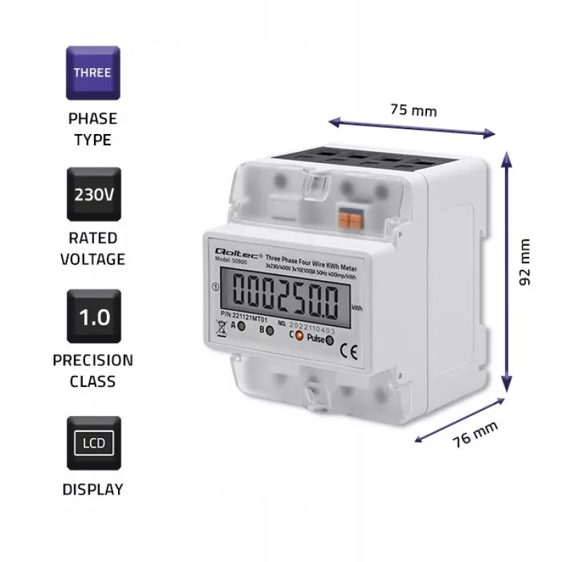 Kolmefaasiline elektrooniline energiaarvesti QOLTEC 50900 400V LCD 4P