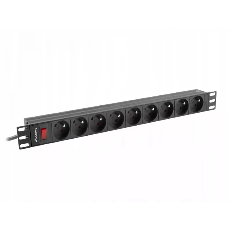 Toitejaotusseade LANBERG PDU-09E-0300-BK — 9x Type E pistikupesa, 16 A, 220–250 V, 3 m kaabel, 1U rack, 19 tolli