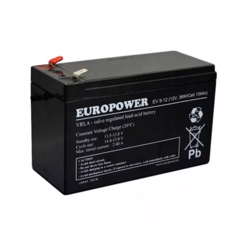 Pliiakuga suletud aku europower EV 12-9 — 12 V 9 Ah UPS-ile ja varutoitele
