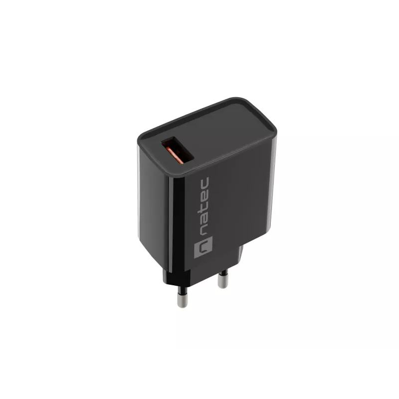 NATEC kiirlaadimisega sise-võrgulaadur Ribera — 18 W (5–15 V, kuni 3 A), 1× USB-A, Huawei FCP/SCP, must