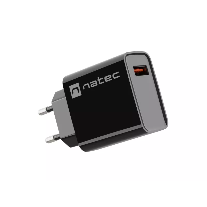 NATEC kiirlaadimisega sise-võrgulaadur Ribera — 18 W (5–15 V, kuni 3 A), 1× USB-A, Huawei FCP/SCP, must