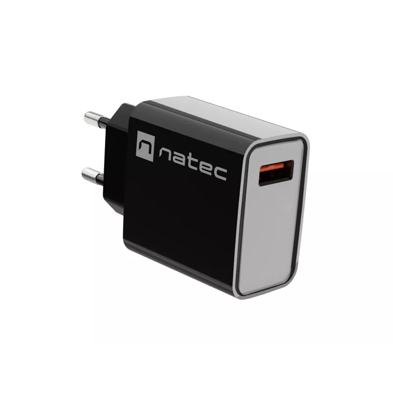 NATEC kiirlaadimisega sise-võrgulaadur Ribera — 18 W (5–15 V, kuni 3 A), 1× USB-A, Huawei FCP/SCP, must