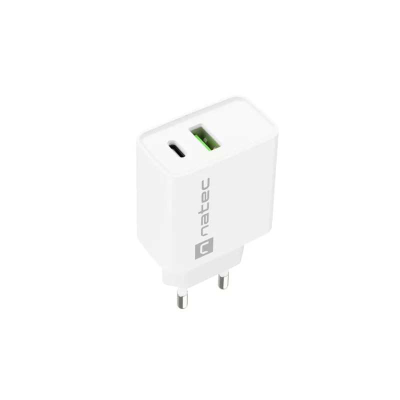 Sisetingimustes vahelduvvoolu kiirlaadija NATEC RIBERA 12V 20W USB-C PD 3.0 + USB-A Samsung AFC valge