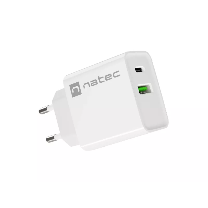 Sisetingimustes vahelduvvoolu kiirlaadija NATEC RIBERA 12V 20W USB-C PD 3.0 + USB-A Samsung AFC valge