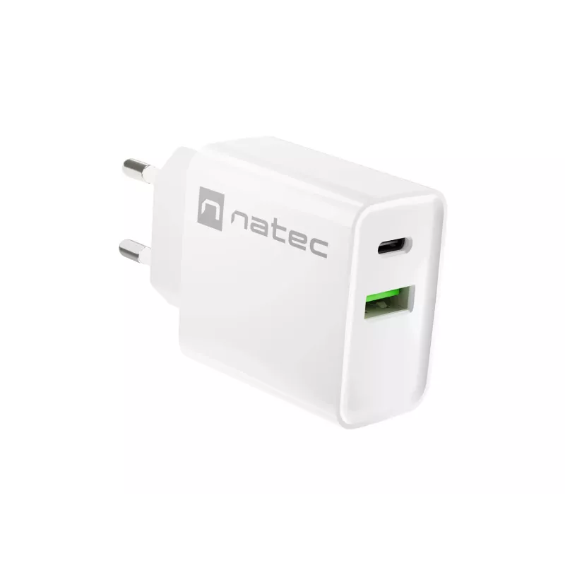 Sisetingimustes vahelduvvoolu kiirlaadija NATEC RIBERA 12V 20W USB-C PD 3.0 + USB-A Samsung AFC valge