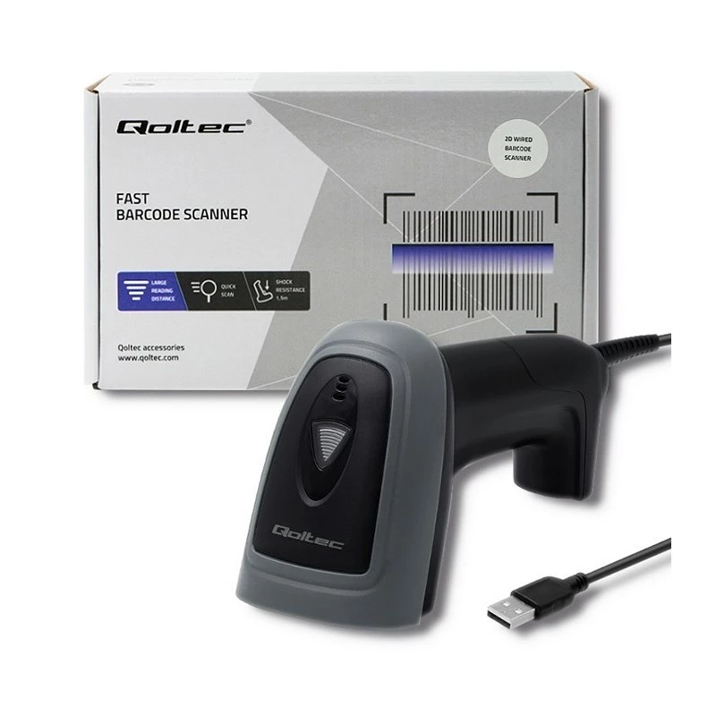 Käeshoitav vöötkoodilugeja QOLTEC 50863 — 1D/2D skanner, USB-juhtmega, LED-andur, must, 5V, 1,8 m kaabel