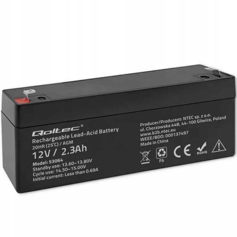 Suletud AGM-aku QOLTEC 12V 2.3Ah UPS-ide ja varusüsteemide jaoks, max tühjenemine 34.5A