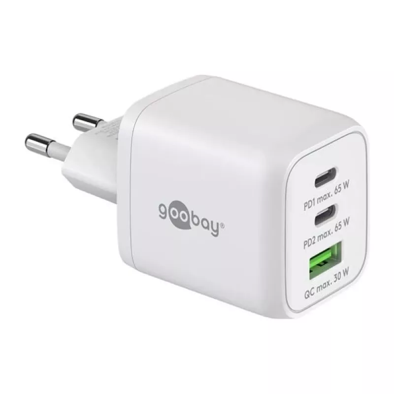 USB-C kiirlaadija Nano, PD, GaN, 65 W (valge, 1x USB-A, 2x USB-C PD, Charge 3.0)