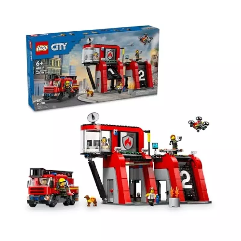 Konstruktsioonimänguasi LEGO City tuletõrjedepoo pöördredeliga sõidukiga 60414 — 843 detaili, 5 minifiguuri, 220×320×140 mm