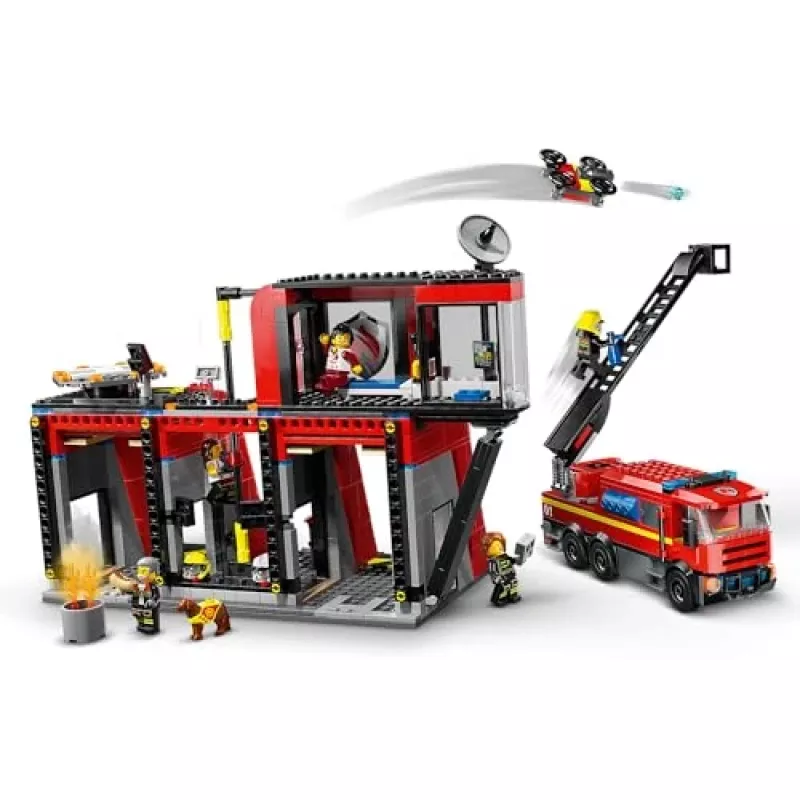 Konstruktsioonimänguasi LEGO City tuletõrjedepoo pöördredeliga sõidukiga 60414 — 843 detaili, 5 minifiguuri, 220×320×140 mm
