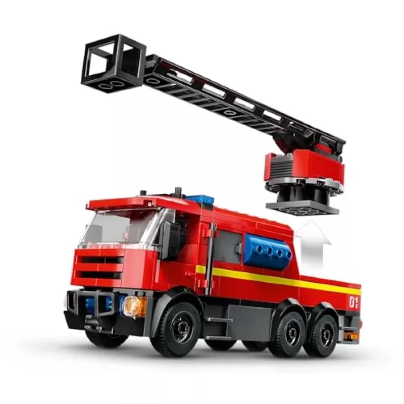 Konstruktsioonimänguasi LEGO City tuletõrjedepoo pöördredeliga sõidukiga 60414 — 843 detaili, 5 minifiguuri, 220×320×140 mm