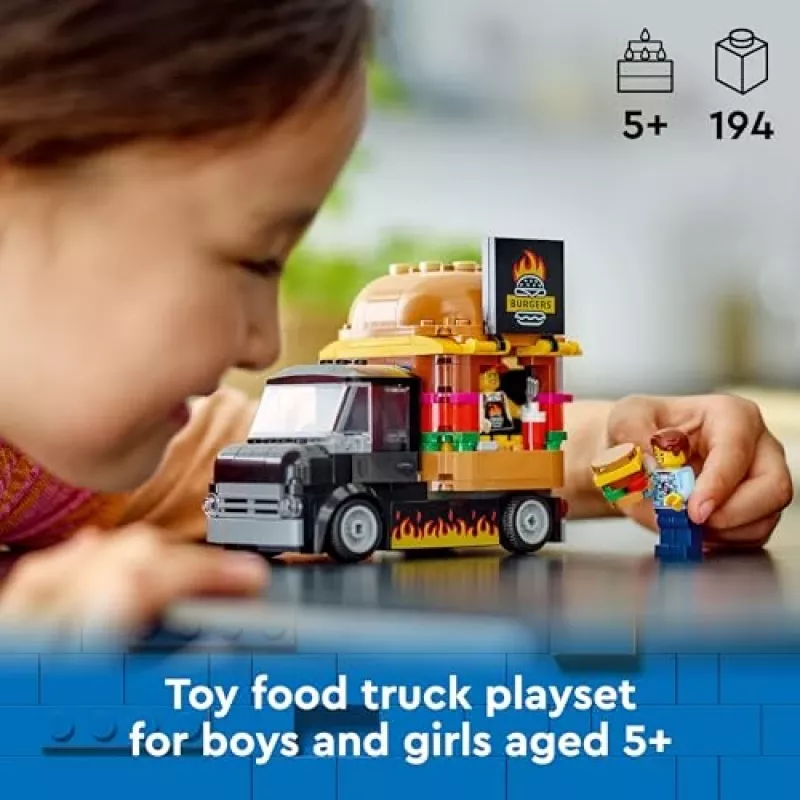 LEGO City Burgeri Veoauto Mänguauto 5+ Aastastele Poistele ja Tüdrukutele, Sõiduki Ehituskomplekt Köögimänguasjaga Müüja Minifiguuri ja Tarvikutega