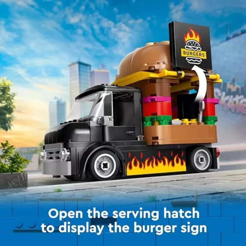 LEGO City Burgeri Veoauto Mänguauto 5+ Aastastele Poistele ja Tüdrukutele, Sõiduki Ehituskomplekt Köögimänguasjaga Müüja Minifiguuri ja Tarvikutega