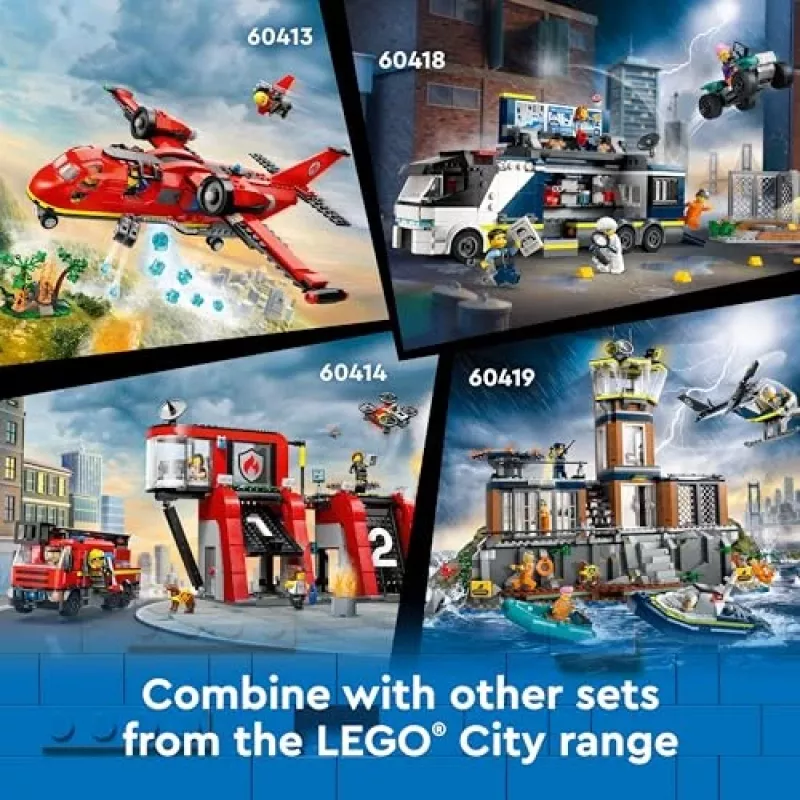 LEGO City ehitusmänguasi politseijaam koos vanglaga Vanglasaar 60419 — 980 detaili, 7 minifiguuri, 370×400×160 mm