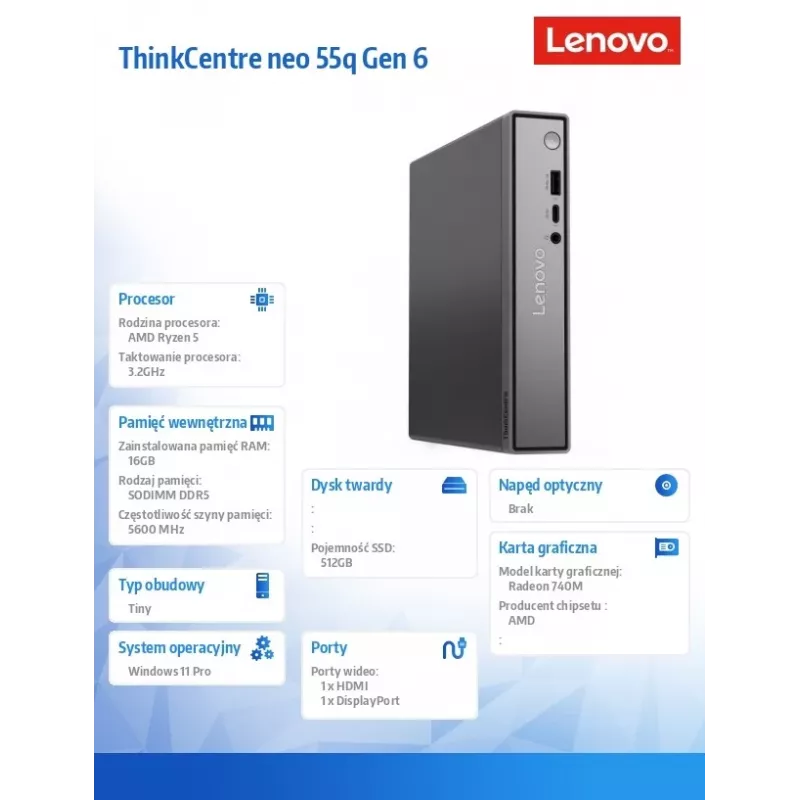 Lenovo ThinkCentre Neo 55q Tiny G6 Mini PC, AMD Ryzen 5, 16GB RAM, 512GB SSD, Windows 11 Pro, must