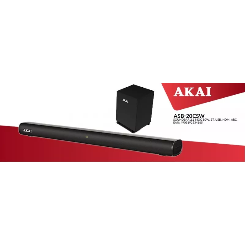 AKAI Soundbar ASB-20CSW 2.1 80W traadita bassikõlariga Bluetooth 5.0 HDMI ARC