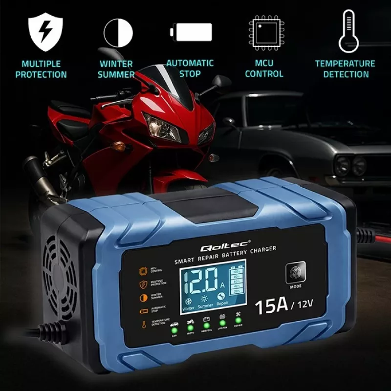 Qoltec Intelligent Microprocessor Charger 12V 15A | Rectifier with Repair Function | AGM GEL LiFePO4 | 9-Stage Charging