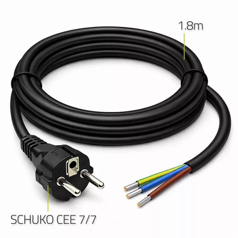 QOLTEC SCHUKO CEE toitekaabel Cu eemaldatud ja tinatatud otstega 1,5 m must