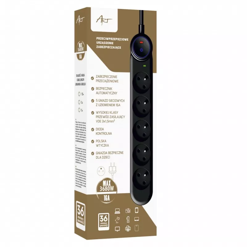 ART F2100 Pikendusjuhe 5 Pesaga 16A 1,5m Must