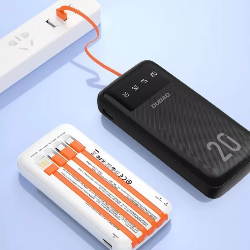Dudao K6Pro+ Power Bank 20000mAh 4 sisseehitatud kaabliga USB-C Micro USB Lightning USB-A sisend Must