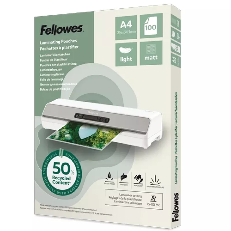 Fellowes 100-Pack A4 Matt lamineerimiskiled, 80 mikronit, taaskasutatud