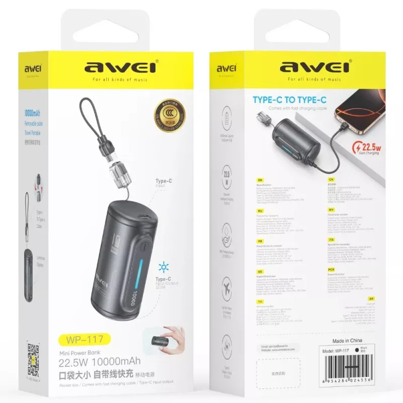 AWEI WP-117 Power Bank 10000mAh 22.5W 3C2xUSB-C Must