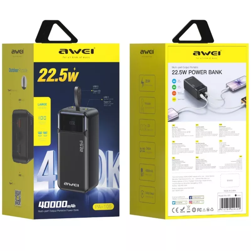 AWEI PA-105 Power Bank 40000mAh 22.5W PD QC 3.0 USB-C Must