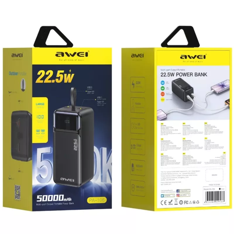AWEI PA-106 Power Bank 50000mAh 22.5W PD 3xUSB-C Must