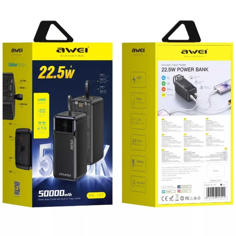 AWEI PA-107 Power Bank 50000mAh 22.5W PD 3xUSB Must