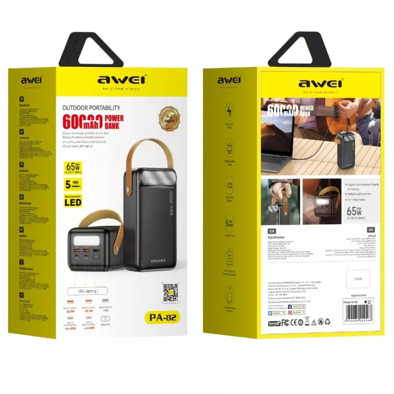 AWEI PA-82 Power Bank 60000mAh 65W PD 2xUSB-A/USB-C Must