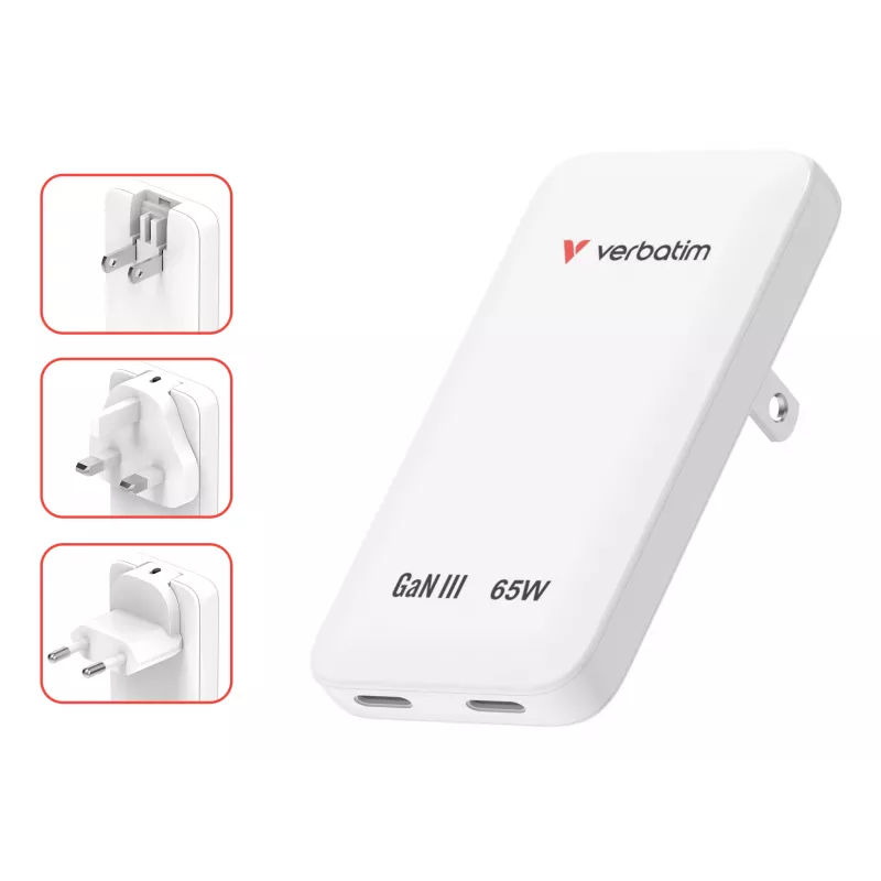 Verbatim Slim GaN laadija 2 porti 65W (EL/UK/USA) Valge