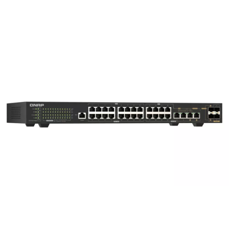 QNAP QSW-M2130P-2C2S26T 26-pordiline 2.5GbE PoE++ haldatav Layer 2 riiulisse paigaldatav lüliti, 2x 10GbE SFP+ ja 2x 10GbE kombopordiga, 370W PoE eelarvega