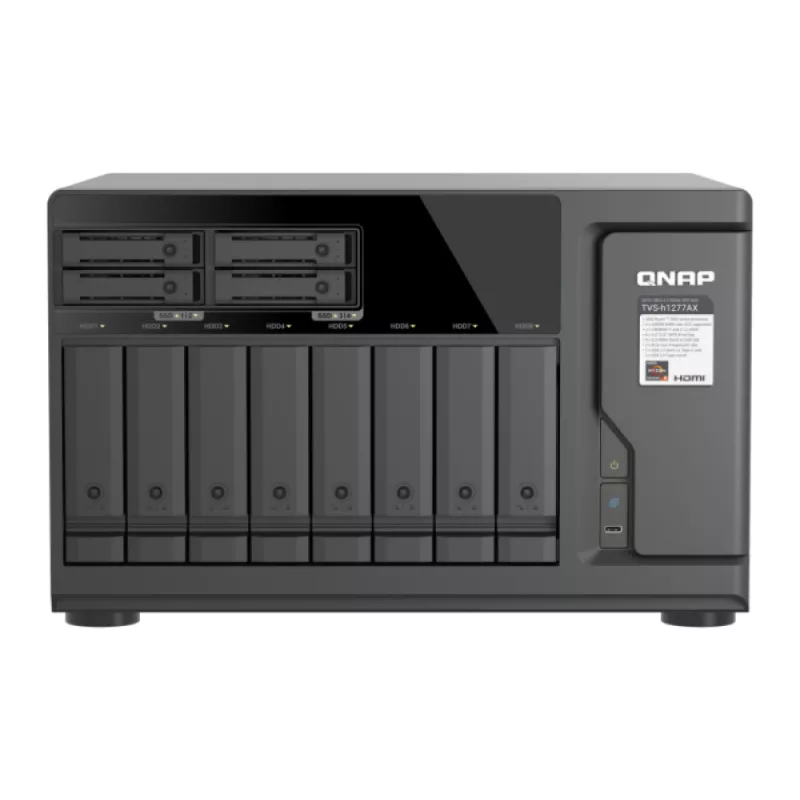 QNAP TVS-h1277AX-R5-16G 12-kohaline QuTS hero NAS, AMD EPYC 7232P 8-tuumaline, 64GB DDR4 ECC, 2x25GbE SFP28, 2x2.5GbE, 12x U.2 NVMe/SATA SSD pesa