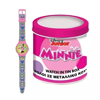 PULIO analoogkell plekk-karbis - Disney Minnie Mouse, roosa PU-nahast rihm, kvartskell, 30mm metallisulamist korpus, veekindel, tüdrukutele 6+