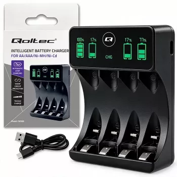 Qoltec NiMH/NiCd akulaadija AA, AAA, C, D, 9V jaoks LCD-ekraani ja USB-C kaabliga - must