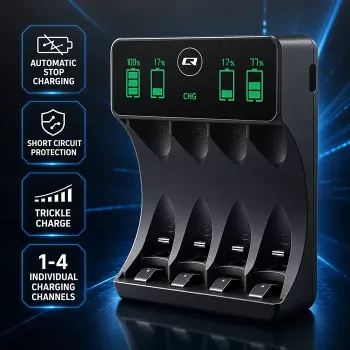 Qoltec NiMH/NiCd akulaadija AA, AAA, C, D, 9V jaoks LCD-ekraani ja USB-C kaabliga - must