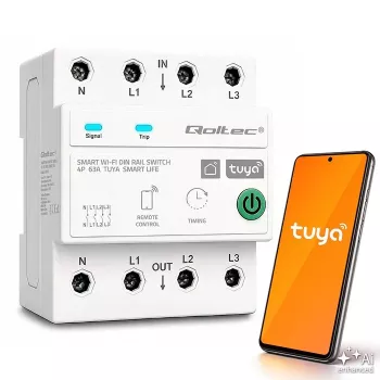 Qoltec kolmefaasiline 63A nutikas Wi-Fi kaitselüliti 4P (3P+N) DIN-liist | Taimer | Tuya | Smart Life | Amazon Alexa