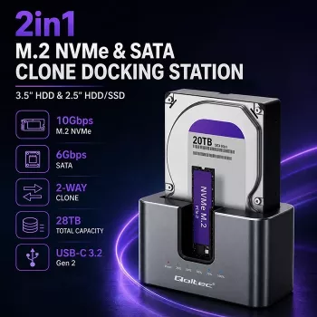 Qoltec 2in1 HDD SSD dokkimisjaam SATA M.2 NVMe kloonimisega, USB-C 3.2 Gen 2, 10Gbps, kuni 28TB, alumiinium