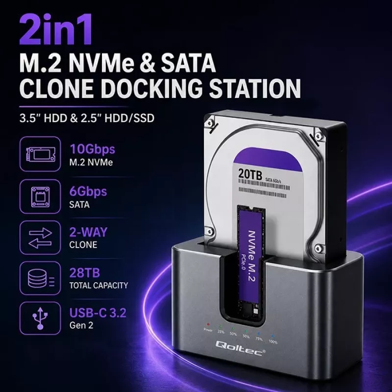 Qoltec 2in1 HDD SSD dokkimisjaam SATA M.2 NVMe kloonimisega, USB-C 3.2 Gen 2, 10Gbps, kuni 28TB, alumiinium