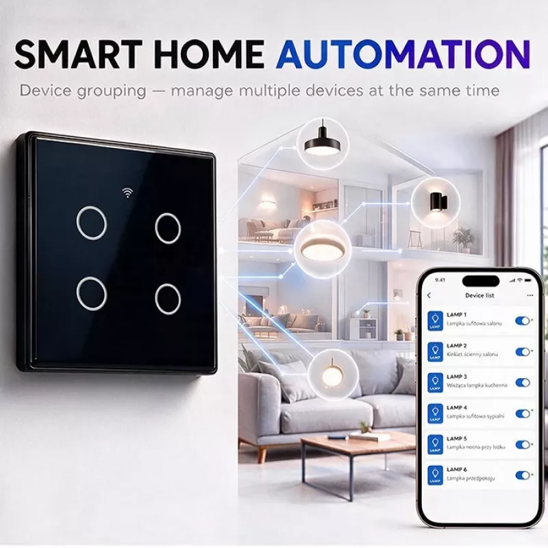 Qoltec Smart Touch Light Switch 4-Gang Wi-Fi Timer Tuya | Karastatud klaas | Valge