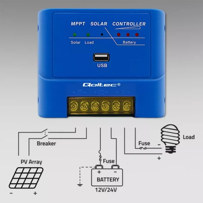 QOLTEC MPPT 15A päikeselaadimiskontroller 12V/24V LiFePO4, Geel, AGM, Flooded, Sealed Lead-Acid jaoks LCD ja RS485-ga