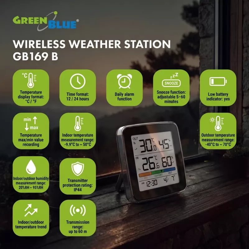 GREENBLUE GB169 B Traadita ilmajaam värvilise ekraani ja välisanduriga