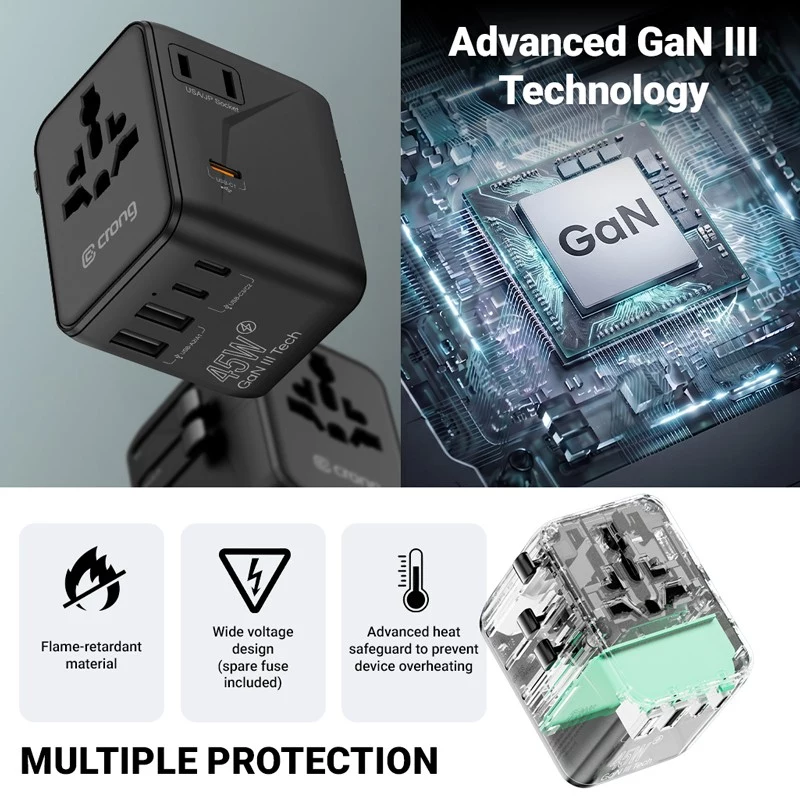 Crong One World Travel Adapter GaN 45W UK/EU/US/AU must