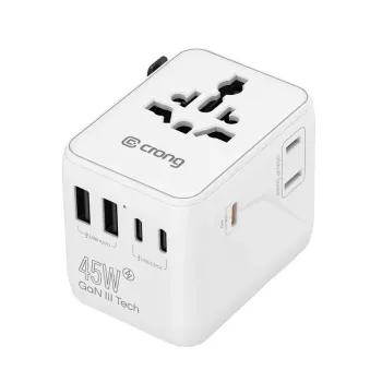 Crong One World Travel Adapter GaN 45W UK/EU/US/AU Valge