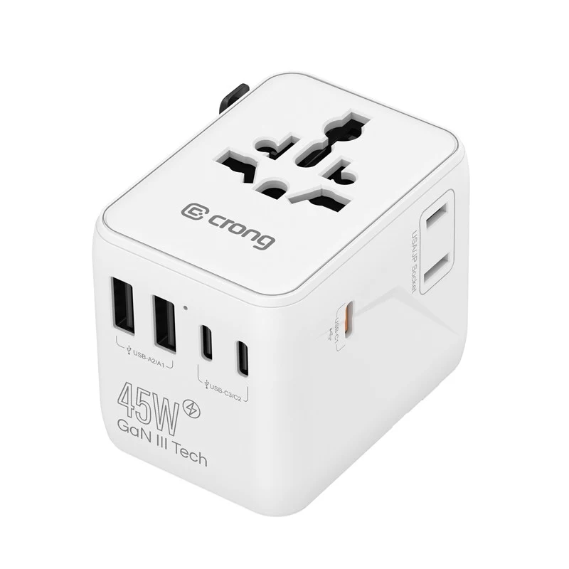 Crong One World Travel Adapter GaN 45W UK/EU/US/AU Valge